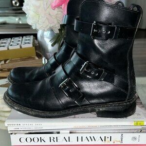 Rag & Bone Hudson Black Leather Boots Combat Biker Moto Silver Buckle 38.5 / 8.5